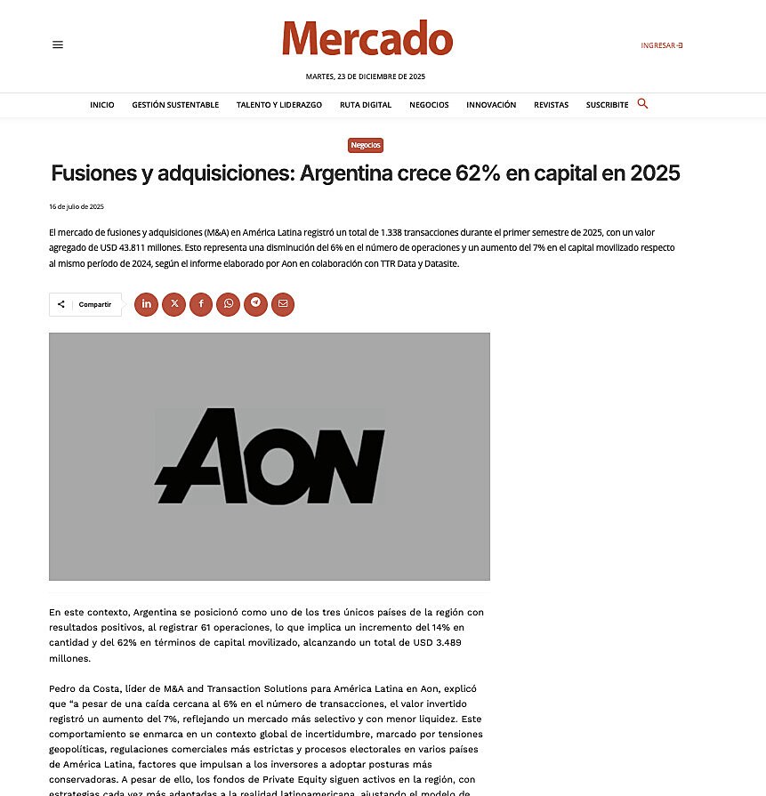 Fusiones y adquisiciones: Argentina crece 62% en capital en 2025